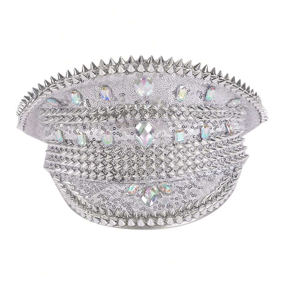 Sequin Captain Hat Rivet Punk Hat Rave Party Music Festival Hat Great For Carnival Burning Man And Bachelorette - Silver - View 1