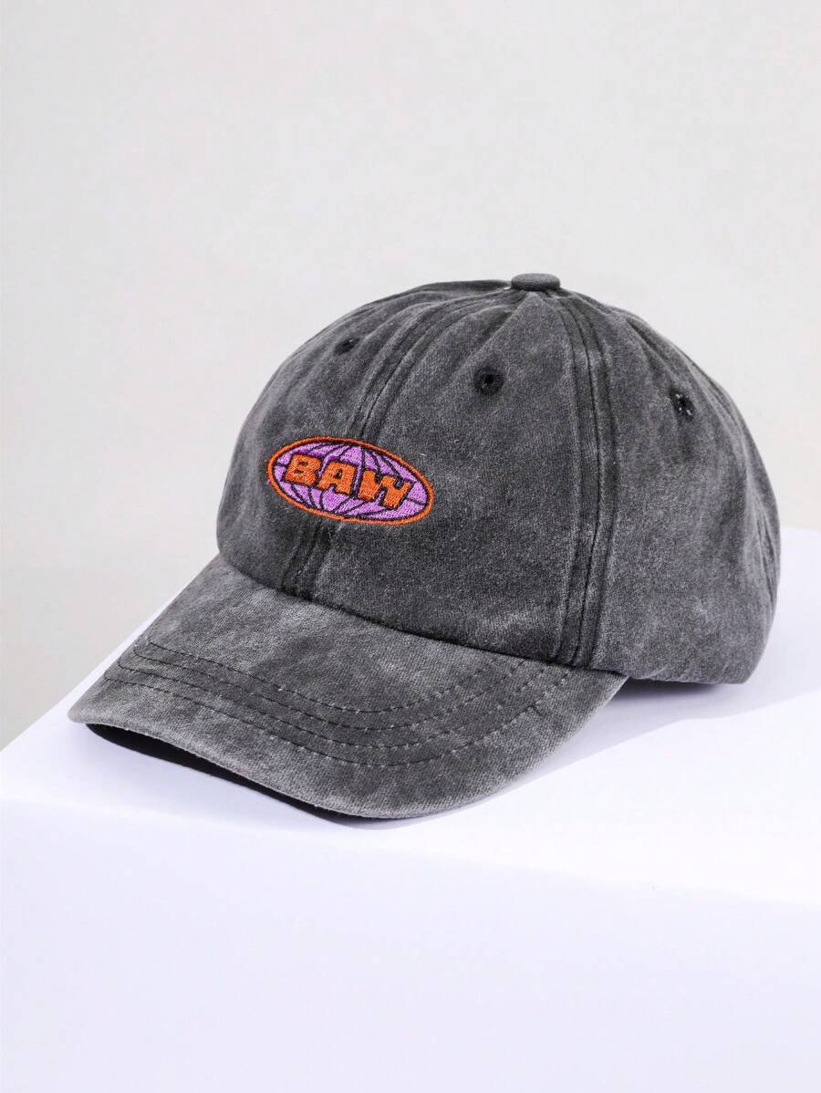 1入組男女通用刺繡圖案可調節戶外遮陽棒球帽,彎曲帽沿,春夏休閒必備 - 深灰色 - 查看 1