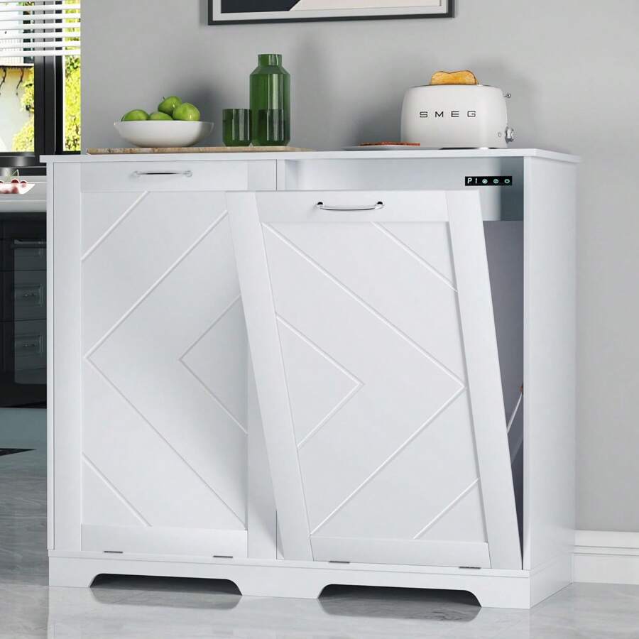 Tilt Out Kitchen Trash Bin Cabinet, Dog Proof Garbage Can With Wood Holder Free Standing Recycling, White - 白色 - 查看 1