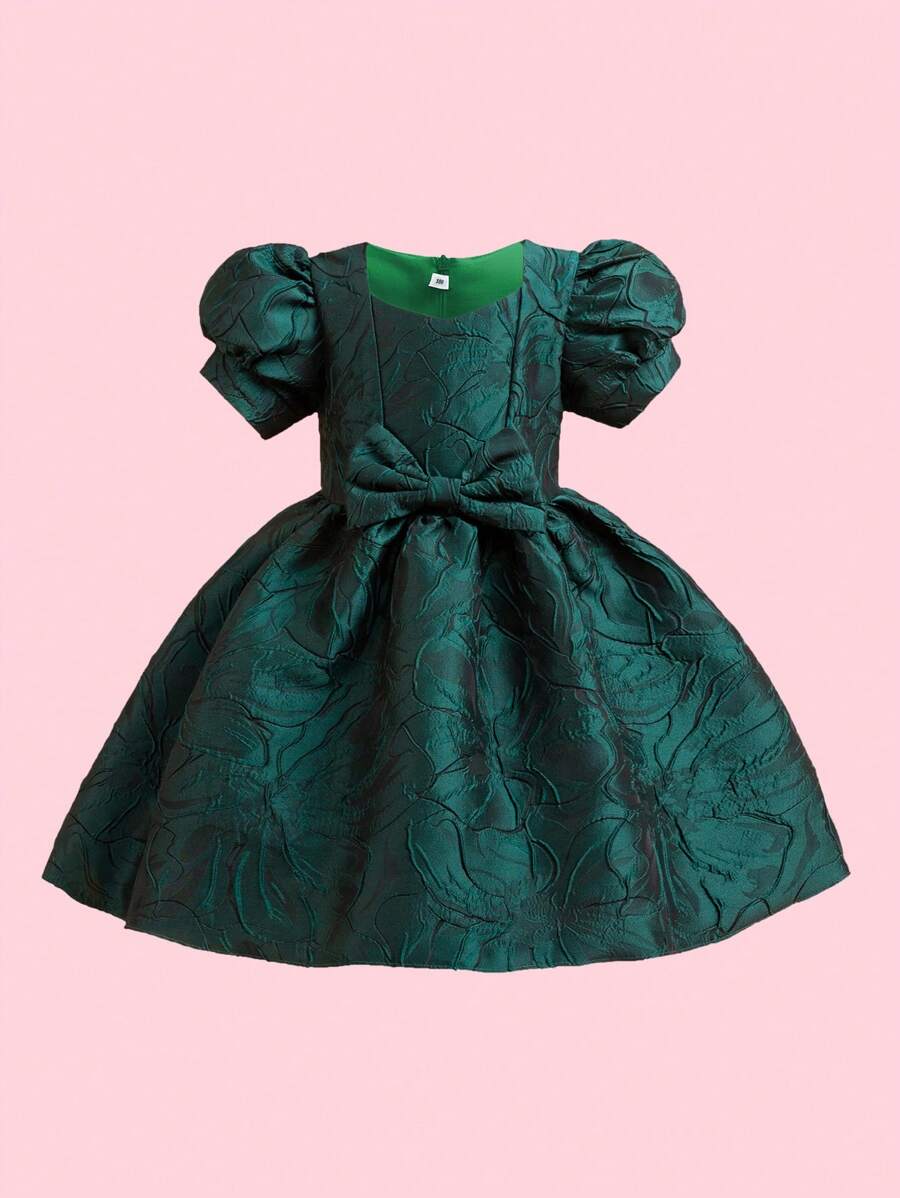 女小童提花泡泡袖前蝴蝶結晚禮服 - 軍綠色 - 查看 1