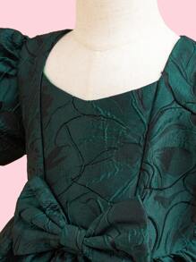 女小童提花泡泡袖前蝴蝶結晚禮服 - 軍綠色 - 查看 3