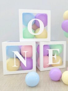 6pcs/Set 25cm White Transparent Box&"ONE", Decorated Balloon Storage Box, 1st Birthday Party Decoration Gift Box, Babe Shower Party Decor Balloon Box, One Year Old Party Favor, Background Photography Props - White - View 6
