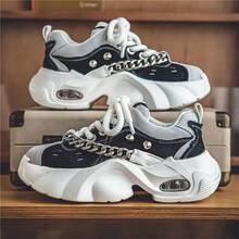 2024新款男士厚底波浪帆布鞋，時尚增高運動鞋 - 黑與白 - 查看 9