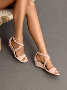 Women's Adjustable Ankle Strap Open Toe Platform  Low Wedge Work Wedding Party Prom Pump Sandals - 杏色 - 查看 3