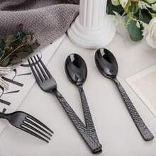 400PCS Resuable Black Plastic Spoons And Forks - Black Plastic Silverware Set Forks And Spoons Black Cutlery - 200 Black Forks, 200 Black Spoons For Party, Birthday, Wedding, For Christmas Party - Black - View 6