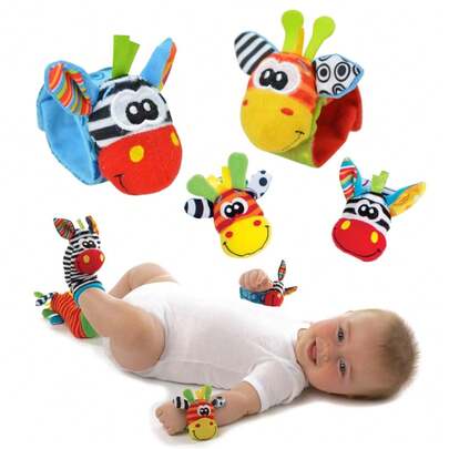 1Set Of 4pcs 2 Socks And 2 Wrist Straps Baby Early Sensory Toys Cartoon Animal Wrist Ring Socks Baby Wrist Band Socks Set