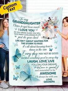 1pc Custom Name Blanket To My Granddaughter Blanket, Personalized Granddaughter Birthday Gifts, Wedding Gifts From Grandma, Grandpa, Butterfly Flowers Printed Flannel Blanket, To My Granddaughter Blanket For All Season, Soft And Comfortable Blanket, Suitable For Bedroom Bed, Sofa, Office Multi-Purpose Throw Blanket, Outdoor Canmping Travel, Cozy To My Granddaughter Blanket, Perfect For Cuddling, Picnics, And Relaxing Moments, Holiday Gift Blanket For Granddaughter - Multicolor - View 1