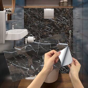 6/12/24/48pcs Black Foam Imitation Marble Pattern Tile Self-Adhesive Wall Stickers, Peel And Stick Wall Tile, Waterproof Wallpaper For Living Room Kitchen Backsplash Bathroom Home,Home Wall Decoration,Suitable For New House Decoration And Old House Renovation