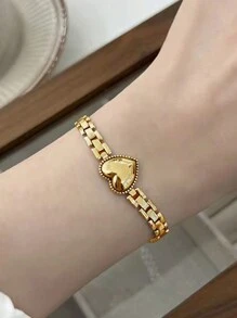 1 szt. Bransoletka z ciężkiego łańcuszka ze stali nierdzewnej w kolorze złotym, serce, modny codzienny dodatek do biżuterii, bez pudełka na prezent Walentynki, mama, matka, dzień matki, prezent - Złoto - Zobacz 1