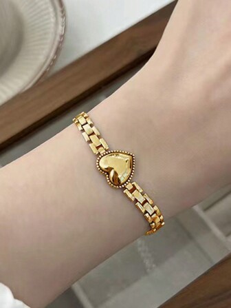 1pc Women Stainless Steel Gold Color Heavy Curb Chain Heart Bracelet, Fashion Everyday Jewelry Accessory Gift, No Gift Box Valentines,Mom,Mother,Mother's Day,Gift