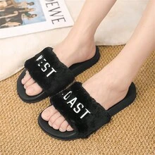 女士塑料拖鞋,戶外沙灘拖鞋,毛茸茸拖鞋和平底涼鞋 - 黑與白 - 查看 1