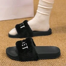 女士塑料拖鞋,戶外沙灘拖鞋,毛茸茸拖鞋和平底涼鞋 - 黑與白 - 查看 4