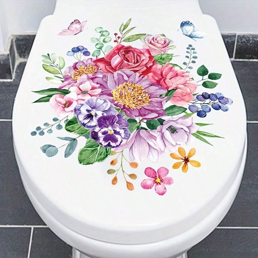 1張防水自黏花和蝴蝶裝飾廁所貼紙,為您的浴室增添浪漫氛圍 - 彩色 - 查看 1