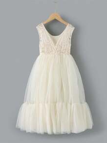 Cô Gái Trẻ Vintage Boho Ren Xù Viền Voan Tutu Chữ A Không Tay Váy Maxi Hoa Bé Gái - Ngà voi - Xem 4