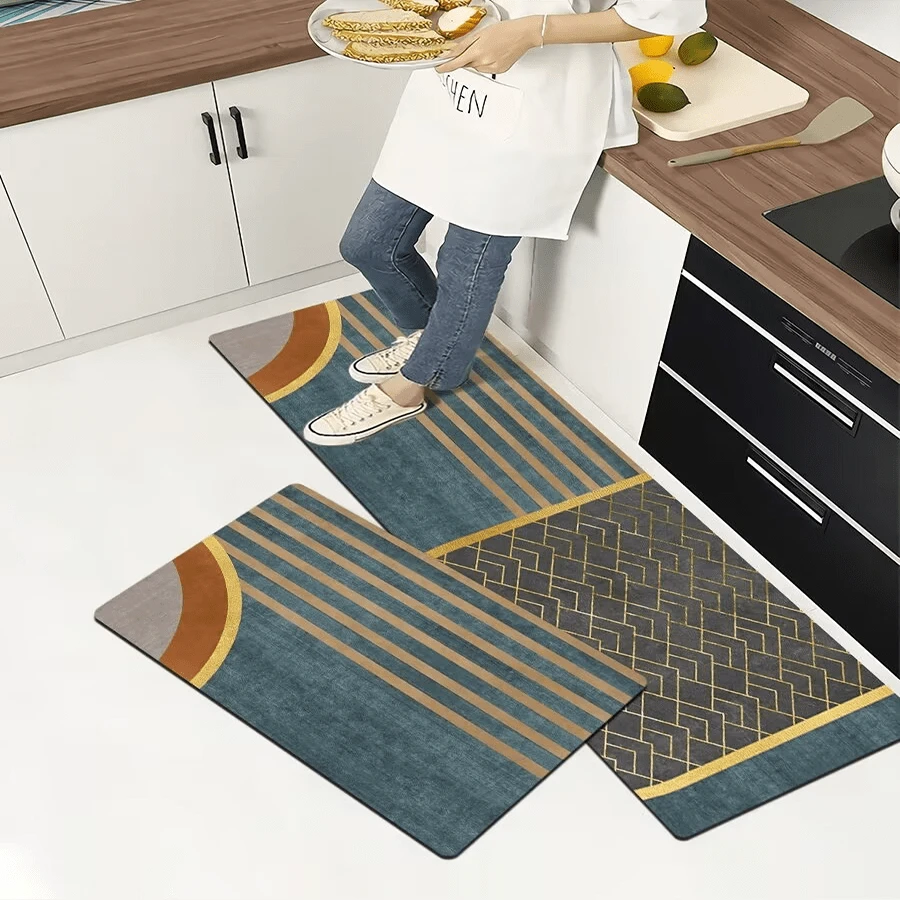 [矽膠+天然橡膠底+3.5毫米厚度] 多款式2入組廚房軟矽膠吸水墊,防污、防油、防水,浴室防滑吸水墊,快乾,雙層拉環設計,可裝在浴室、洗衣房、廚房門口,防滑地墊 - 彩色 - 查看 1