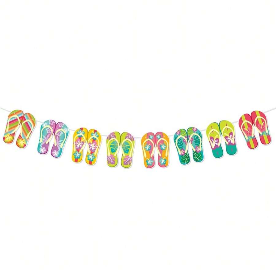 新品到貨夏威夷熱帶派對裝飾三角旗,夏令營活動火烈鳥和花紋拖鞋裝飾旗 - flip-flops banner - 查看 1