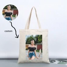 One-Piece Custom Canvas Bag, Foldable, Lightweight And Casual Shopping Bag, Perfect For Customized Souvenirs, Party Decorations, Unique, Simple And Stylish Foldable Shopping Tote Bag, Ideal For Valentine's Day, Halloween, Christmas, Birthday Gifts, And New Year's Gifts. Full Of Charm! - Beige - View 2