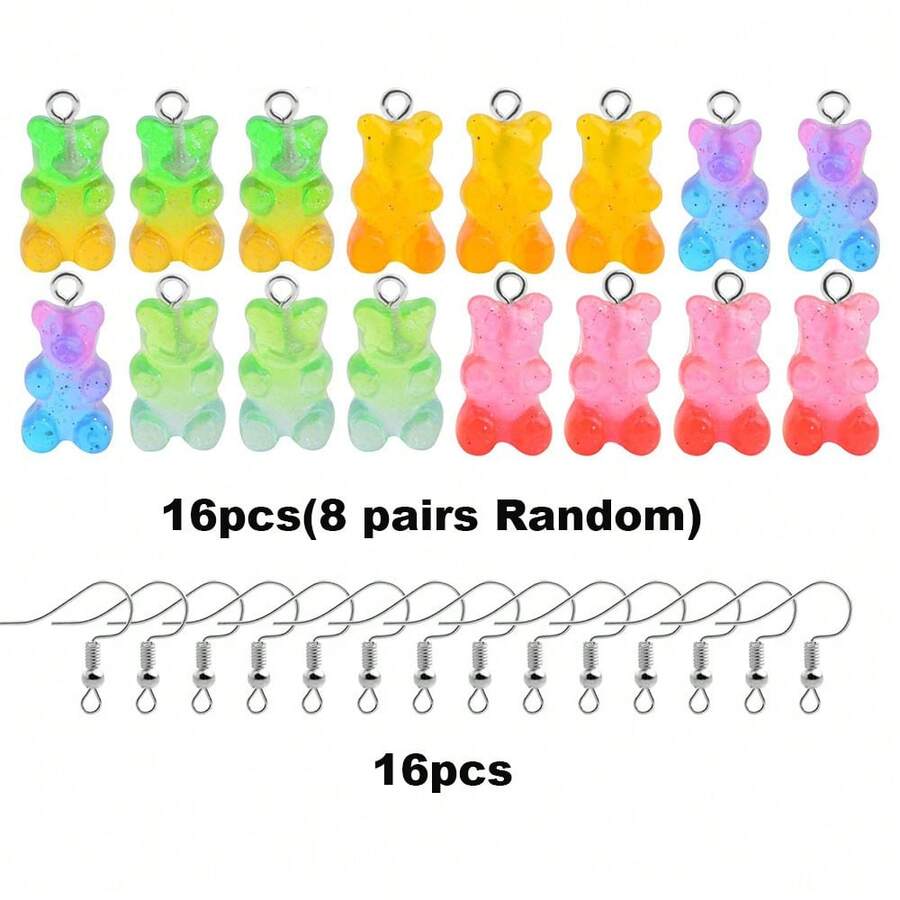 32pcs Cute Resin Gradient Color Bear Shaped Diy Jewelry Making Accessories For Earrings, Necklaces, Anklets, Handmade Crafts - Multicolor - View 1