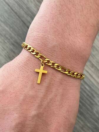 1pc Stainless Steel Men's Bracelet With Cross Pendant, Chain, Fashionable Punk Style, Valentine's Day Gift, Birthday Gift,Mom,Mother,Mother's Day,Gift