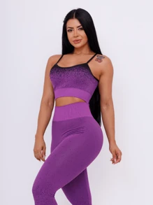 Conjunto Academia Feminino Elegante Calça Legging Top / Cropped Cos Alto Esportiva poliamida - Roxo - Visão 6