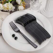 400PCS Resuable Black Plastic Spoons And Forks - Black Plastic Silverware Set Forks And Spoons Black Cutlery - 200 Black Forks, 200 Black Spoons For Party, Birthday, Wedding, For Christmas Party - Black - View 3