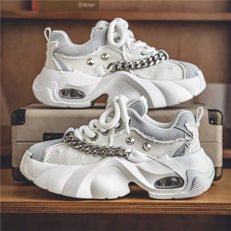 2024年新潮流厚底厚實運動鞋，設計師元素，時尚增高男鞋 - 灰白色 - 查看 1
