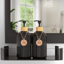 2 件时尚塑料黑白皂液器，带标签 - 台面洗手液和皂液储存容器 - 塑料皂液器，适用于家居装饰、家居装饰、家居用品、家居浴室装饰、秋季装饰、返校装饰 - 黑色 - 查看 3