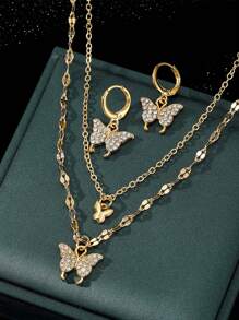 1pair Earrings+1pc Necklace Fashionable Butterfly Decorated Necklace & Earrings Set With Artificial Zirconia Stone Jewelry - Gold - View 1