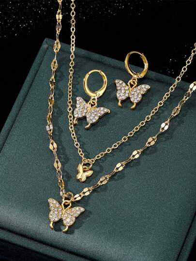 1 Par De Aretes + 1 Pieza De Collar, Elegante Conjunto De Collar Y Aretes Decorados Con Mariposas Y Piedra Artificial De