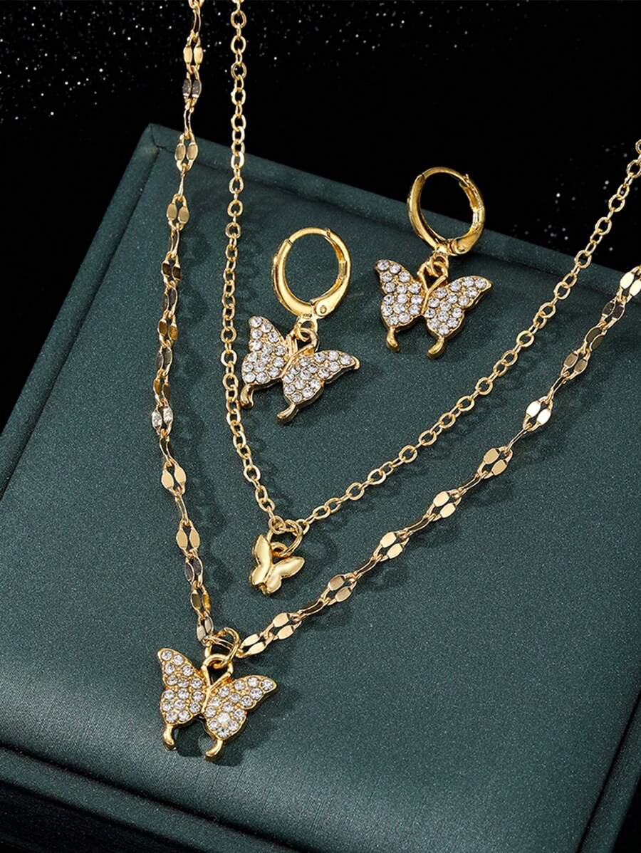 1pair Earrings+1pc Necklace Fashionable Butterfly Decorated Necklace & Earrings Set With Artificial Zirconia Stone Jewelry - Gold - View 1