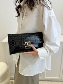 Unique Minimalist Fashionable All-Match Gold Pu Crocodile Texture Clutch Bag With Large Capacity - Black - View 4