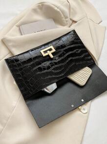 Unique Minimalist Fashionable All-Match Gold Pu Crocodile Texture Clutch Bag With Large Capacity - Black - View 7