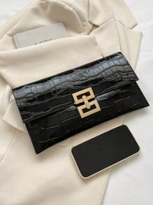 Unique Minimalist Fashionable All-Match Gold Pu Crocodile Texture Clutch Bag With Large Capacity - Black - View 5