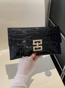 Unique Minimalist Fashionable All-Match Gold Pu Crocodile Texture Clutch Bag With Large Capacity - Black - View 2