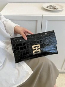 Unique Minimalist Fashionable All-Match Gold Pu Crocodile Texture Clutch Bag With Large Capacity - Black - View 1