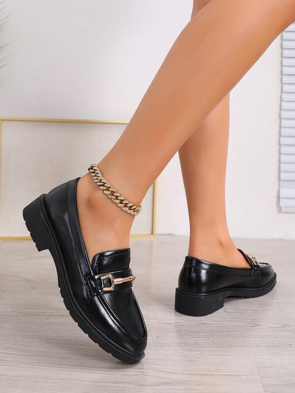 New Women's British Style Loafers With Metal Buckle, Round Toe, Flat/Chunky Heel, Versatile Shoes For Work