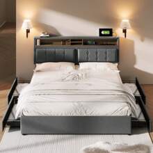 Sweiko Sweiko gestoffeerd bed, tweepersoonsbed met 4 laden & USB-aansluiting, 160*200cm,gestoffeerd bed met 4 laden & USB-aansluiting, gestoffeerd bed 160x200cm, in hoogte verstelbaar hoofdeinde, houten lattenbodem (zonder matras)