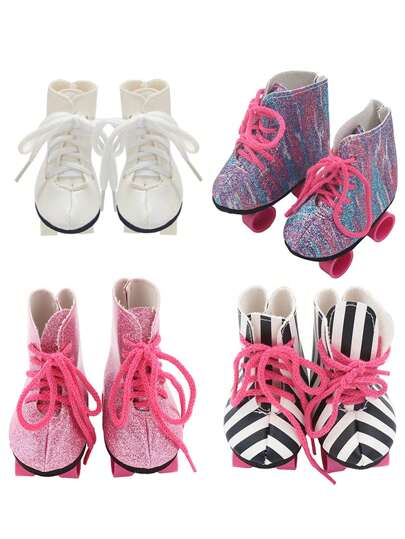 1 双娃娃溜冰鞋适合 18 英寸美国女孩娃娃，娃娃溜冰鞋，娃娃系带皮靴，娃娃靴子时尚娃娃配饰礼物适合男孩和女孩生日节日玩具