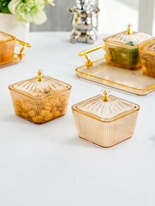 1pc Grid Design Candy Box With Lid And Tray, Dustproof Plastic Cream-Colored Fruit Tray For Living Room Coffee Table, Snacks & Dry Fruits Platter - Champagne - View 7