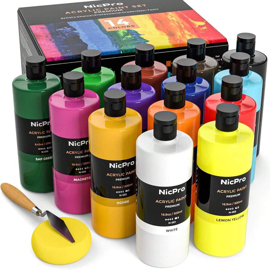 Nicpro 14 Colors Large Bulk Acrylic Paint Set (16.9 Oz,500 Ml) Rich Art Painting Supplies, Non Toxic For Multi Surface Canvas Wood Leather Fabric Stone Craft, For Kid & Adult With Color Wheel - 彩色 - 查看 1