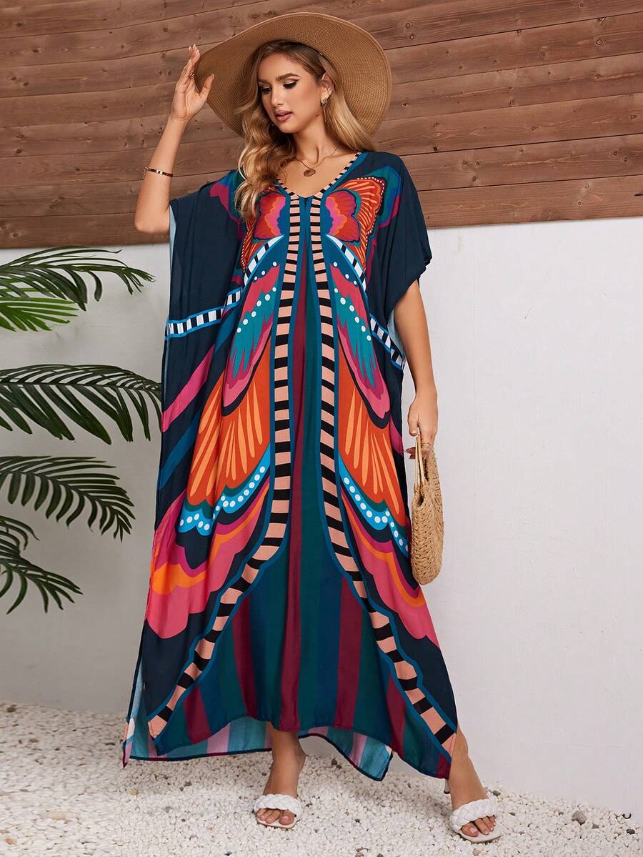 Kimono Largo Estampado De Mariposa Para Mujeres, Kimono De Pull - up Con Mangas De Murciélago Abiertas Y Sueltas - Negro - Ver 1