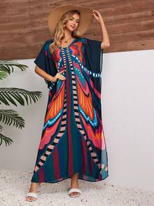 Kimono Largo Estampado De Mariposa Para Mujeres, Kimono De Pull - up Con Mangas De Murciélago Abiertas Y Sueltas - Negro - Ver 4