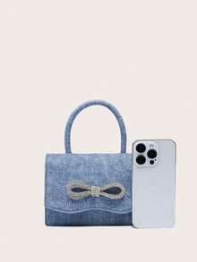 Túi cầm tay dự tiệc bằng da PU sáng bóng đính nơ đính đá Rhinestone Túi đeo vai đeo chéo Túi xách dự tiệc dùng cho ngày lễ tình nhân - Màu xanh lam - Xem 3