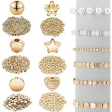 600 Pieces Spacer Beads Set Star Beads Round Ball Beads Rondelle Faceted Spacer Beads Heart Beads Flower Beads Flat Disc Beads Loose Beads for Bracelet Earring Necklace Jewelry Making (Gold) - Gold - View 3