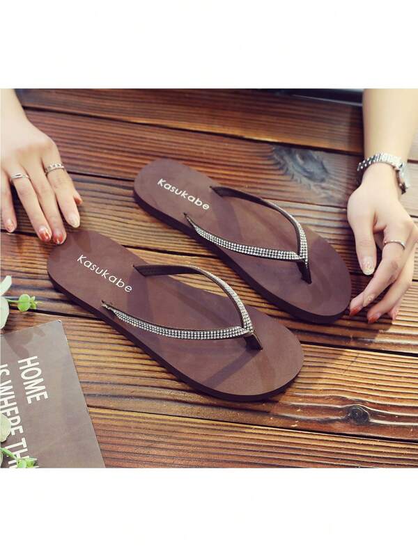 1 Par De Chanclas De Verano Decoradas Con Diamantes De Imitación Para Mujeres, Sandalias De Moda Para Actividades Al Aire Libre Y En La Playa