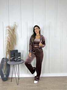 Calça Feminina Veludo Wide Leg Plush Pantalona Aveludada Outono Inverno Frio - Visão 6