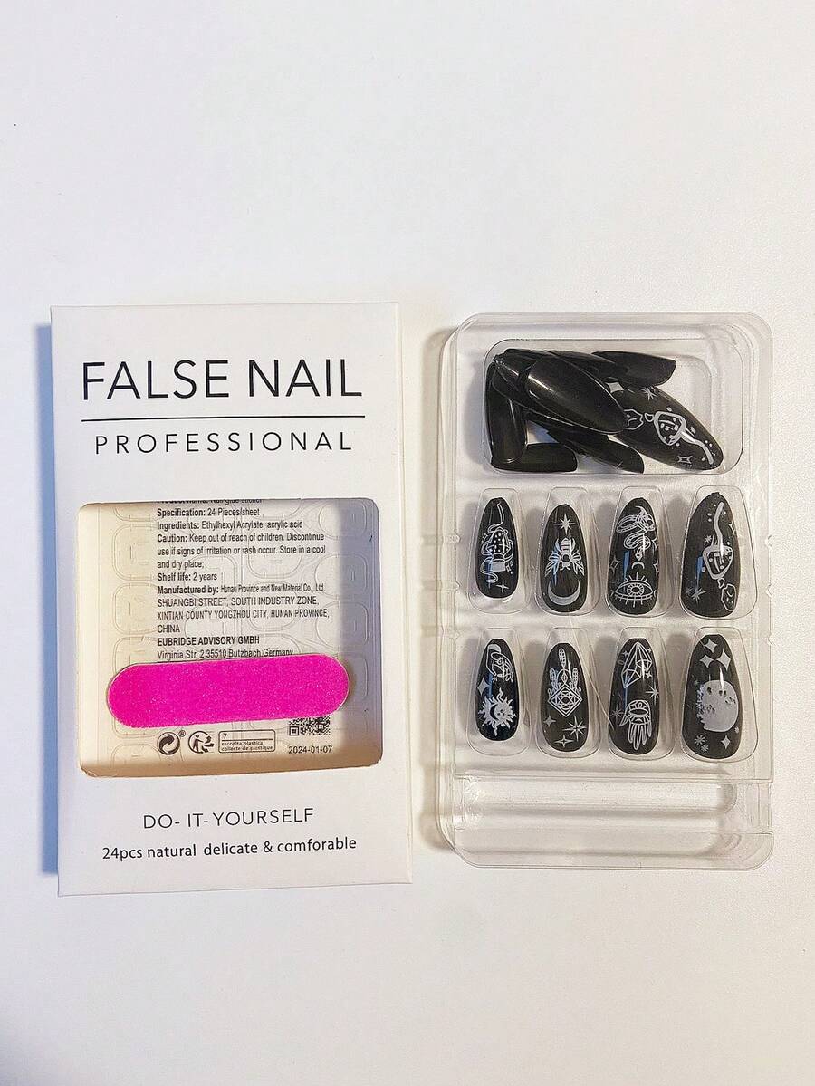 Medium Length Black Series French Nail Patches, Black Graffiti Nail