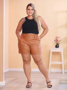Shorts Feminino Plus Size Short Couro Fake Grandes - Marrom Claro - Visão 5