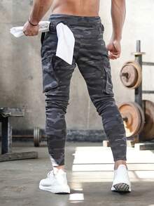 Pantalones de fitness multibolsillos de camuflaje para hombre, pantalones deportivos de running de color sólido para deportes al aire libre, fitness, correr, viajar - Gris Oscuro - Ver 4