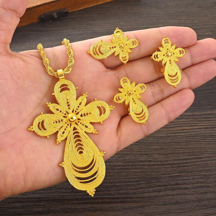 1 bộ Dubai Ả Rập Arabia Phong cách Lớn Mặt dây chuyền chữ thập Dây chuyền Hoa tai Bộ nhẫn Đồ trang sức - Vàng - Xem 1